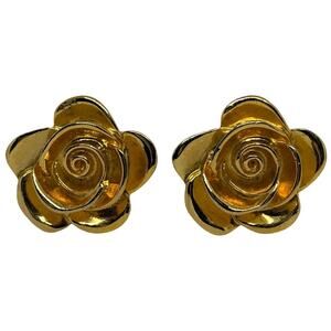 Gold-Tone Rose Flower Clip-On Earrings Vintage Spiral Petal Design 1.25" Floral